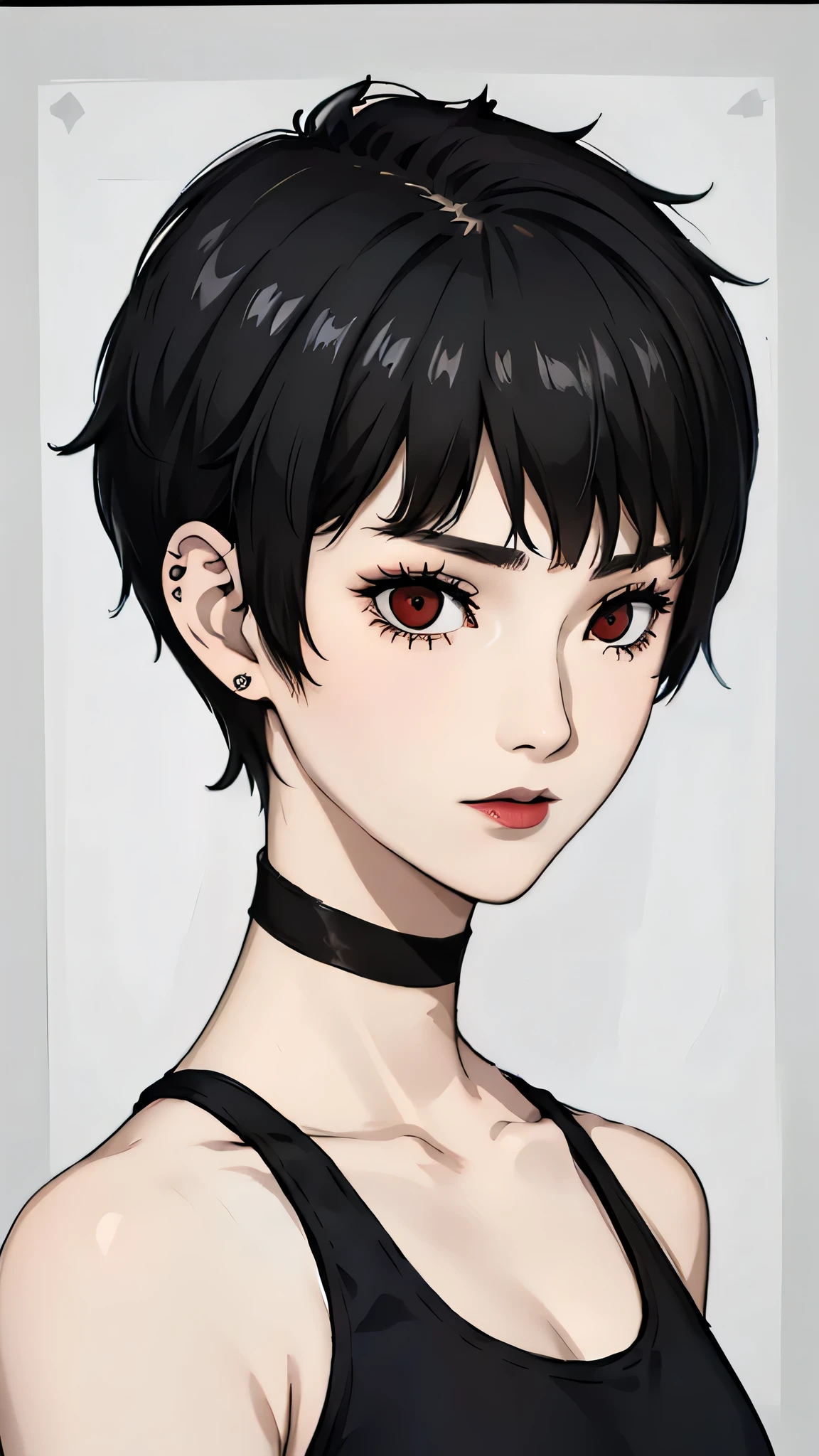 1 girl, very Short hair, tomboy Pixie haircut, black hair, red eyes, black lipstick, black lipstick, face portrait, black choker, tank top , front face, bedroom, front face, face portrait, bangs, earpiercings