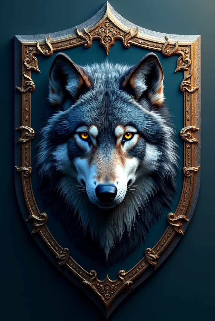 Create a shield of a wolf in dark blue and gold colors design