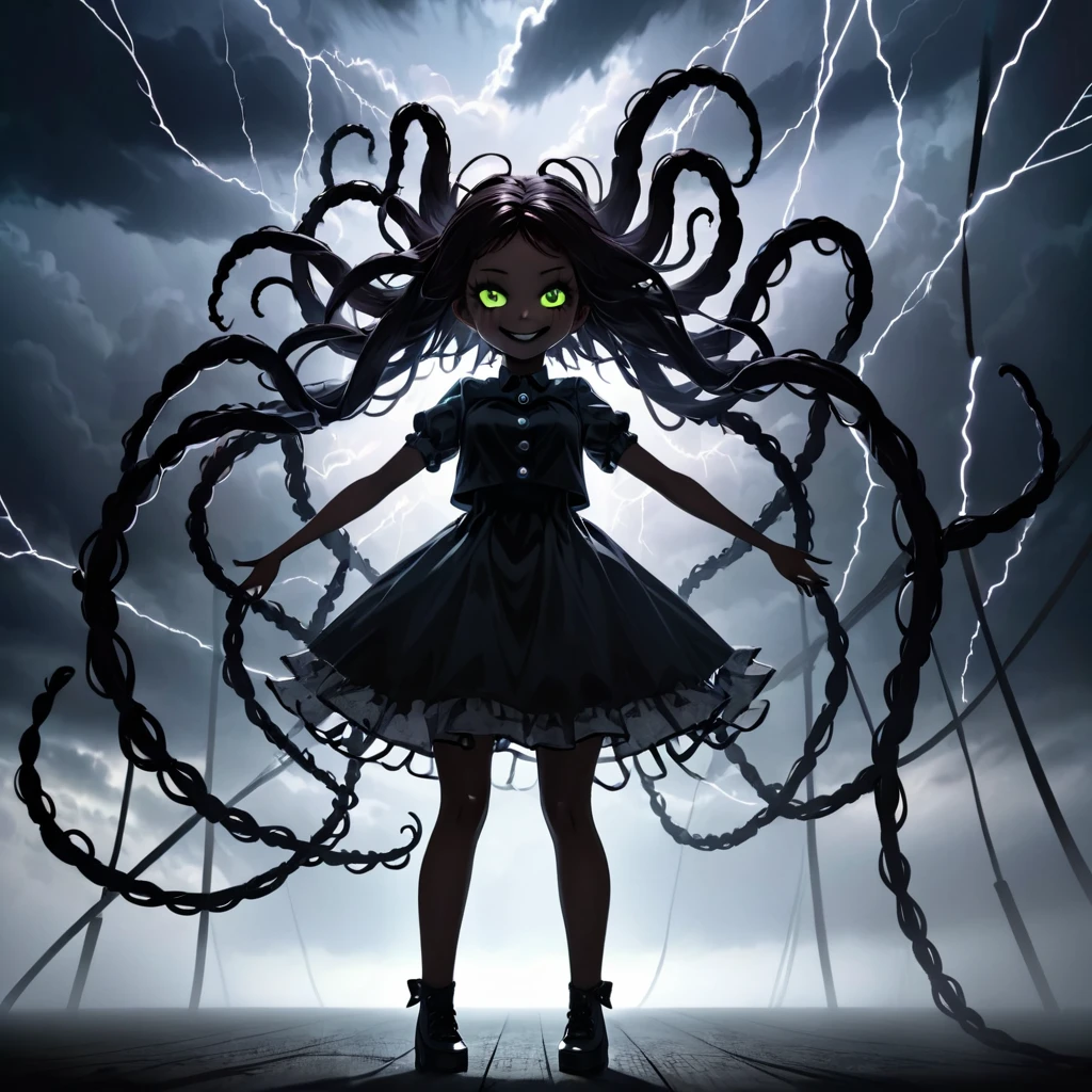 Beautiful doll girl with electric web from her head to stormy sky, static electricity in air, tall sinister smiling shadow people beside her, dark black tentacles holding her arms and legs, dark horror 