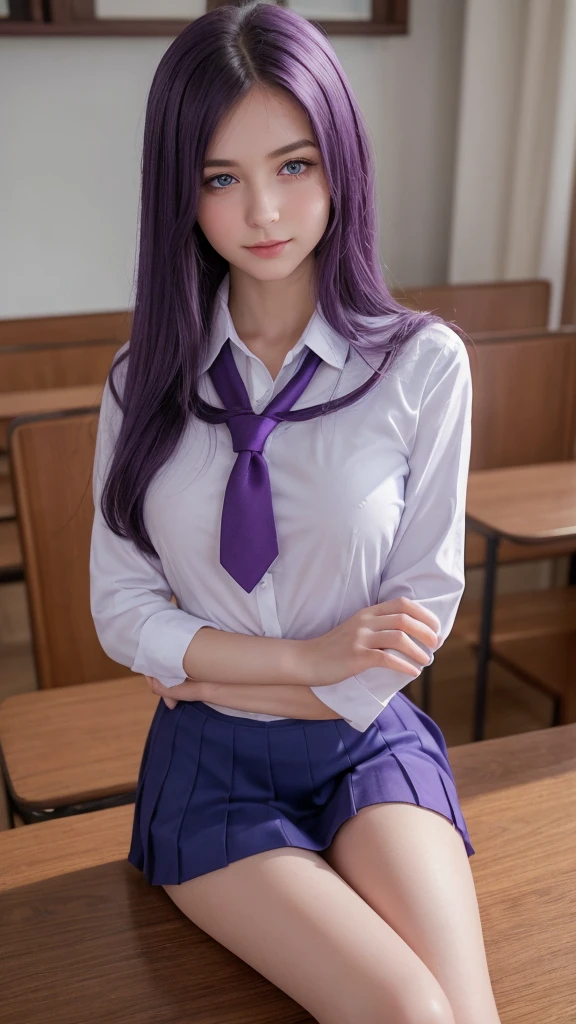 (best qualtiy,4K,tmasterpiece:1.2),Pretty women,1girll,Raised sexy:1.1,Purple colored hair:1.1,Woman in school uniform,Soaked school clothes,Super detailed face,Detailed lips,A detailed eye,二重まぶた,Pink mini skirt white stockings,Stand up