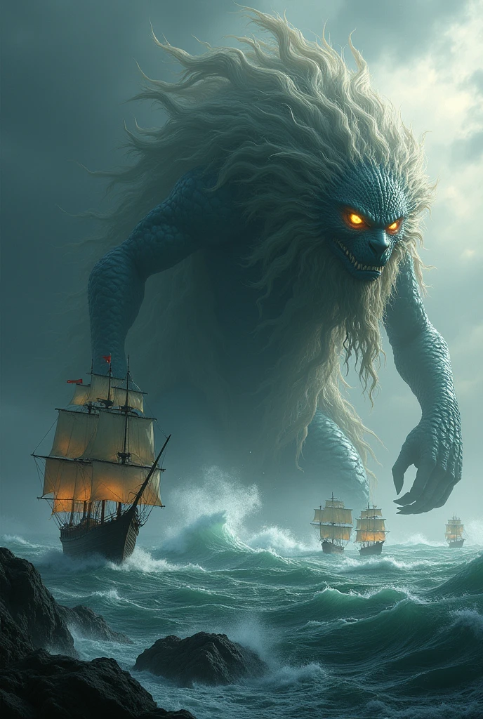 white bearded man with white furry white tunic and green grass woman green grass skin green body front view , blue sea background sea water, the moon above the image and the sun below the image