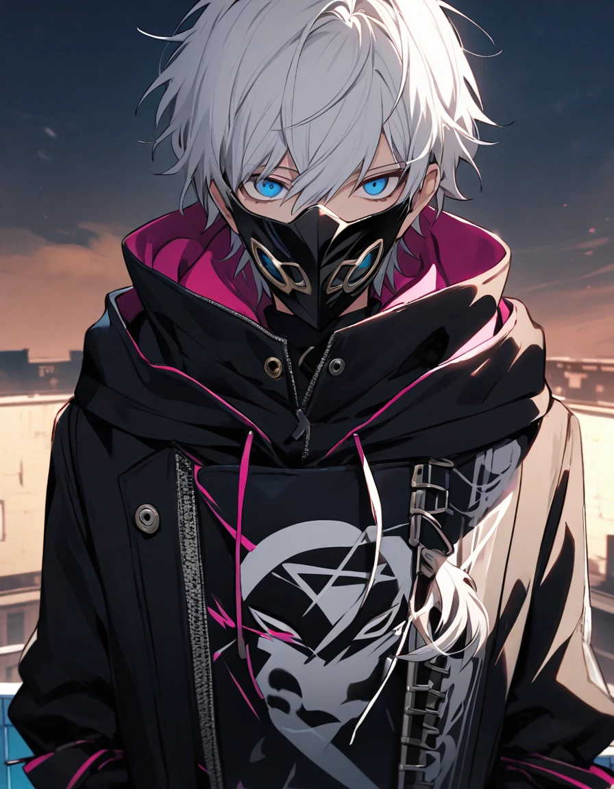 emotionless, cool, 1 male teenager, white hair with black strands of hair, blue eyes, persona mask, covered eyes, black coat and hood, standing on a rooftop, phantom thief, closeup