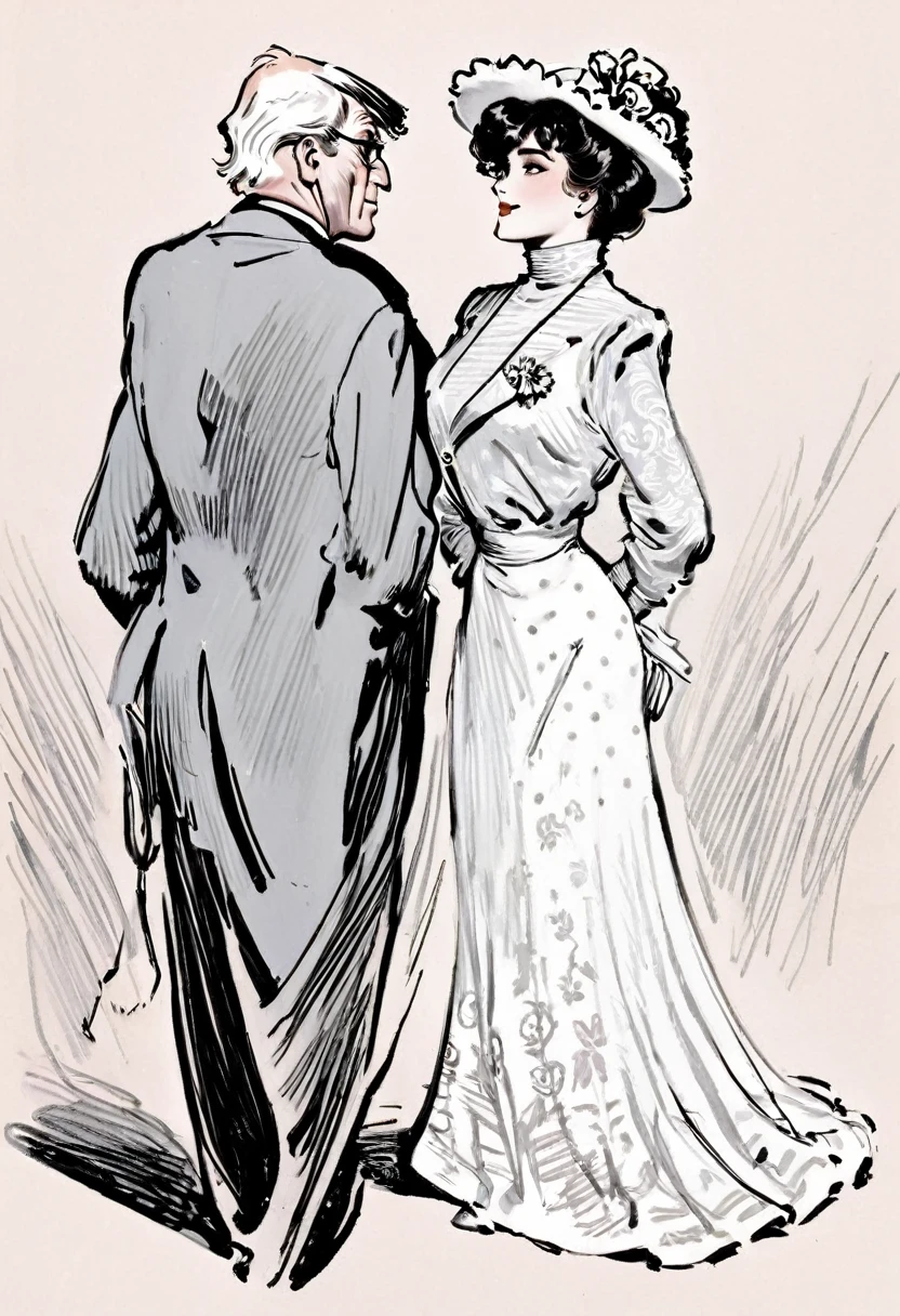 Sketch of a beautiful well-endowed **** Gibson Girl thot flirting with a visibly aroused 69yo man. Year 1903. 1900_dr3ss. Girl wearing an Edwardian high-collar long sleeve dress and flower-brimmed hat. Man wearing a three-piece business suit. Line art in the style of Charles Dana Gibson. Young girl and elderly man