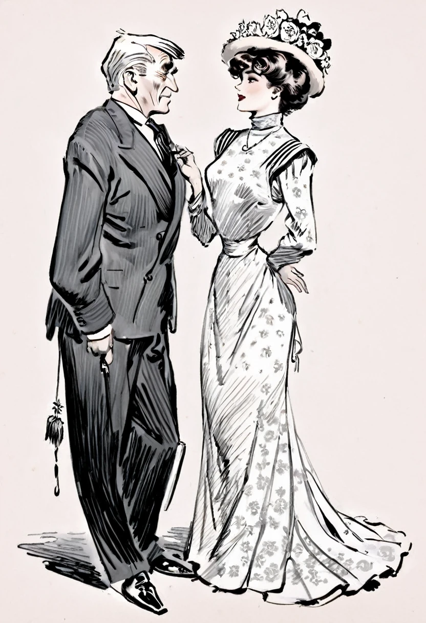 Sketch of a beautiful well-endowed **** Gibson Girl thot flirting with a visibly aroused 69yo man. Year 1903. 1900_dr3ss. Girl wearing an Edwardian high-collar long sleeve dress and flower-brimmed hat. Man wearing a three-piece business suit. Line art in the style of Charles Dana Gibson. Young girl and elderly man