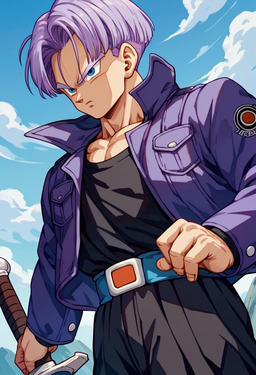 Trunks, purple jacket, black muscle shirt underneath, black pants, sword on the back, blue eyes, black pupil, purple hair, yellow shoes with black tips, mountain landscape, thin arms, thin jacket, focus face, detailed face, ultra detailed(Score_9,Score_8_up,Score_7_up), source_anime, best quality, masterpiece, anime, __prompt__,