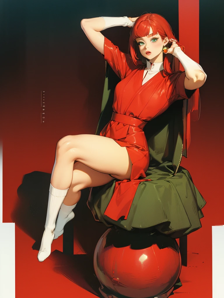 (best quality, masterpiece:1.2), illustration by hajime sorayama, perfect body, hyperfeminine curves, Woman, 30 years old, red hair, mid length hairstyle, long bangs, green eyes, pale skin, high fashion outfit, knee high socks, solo, wide shot