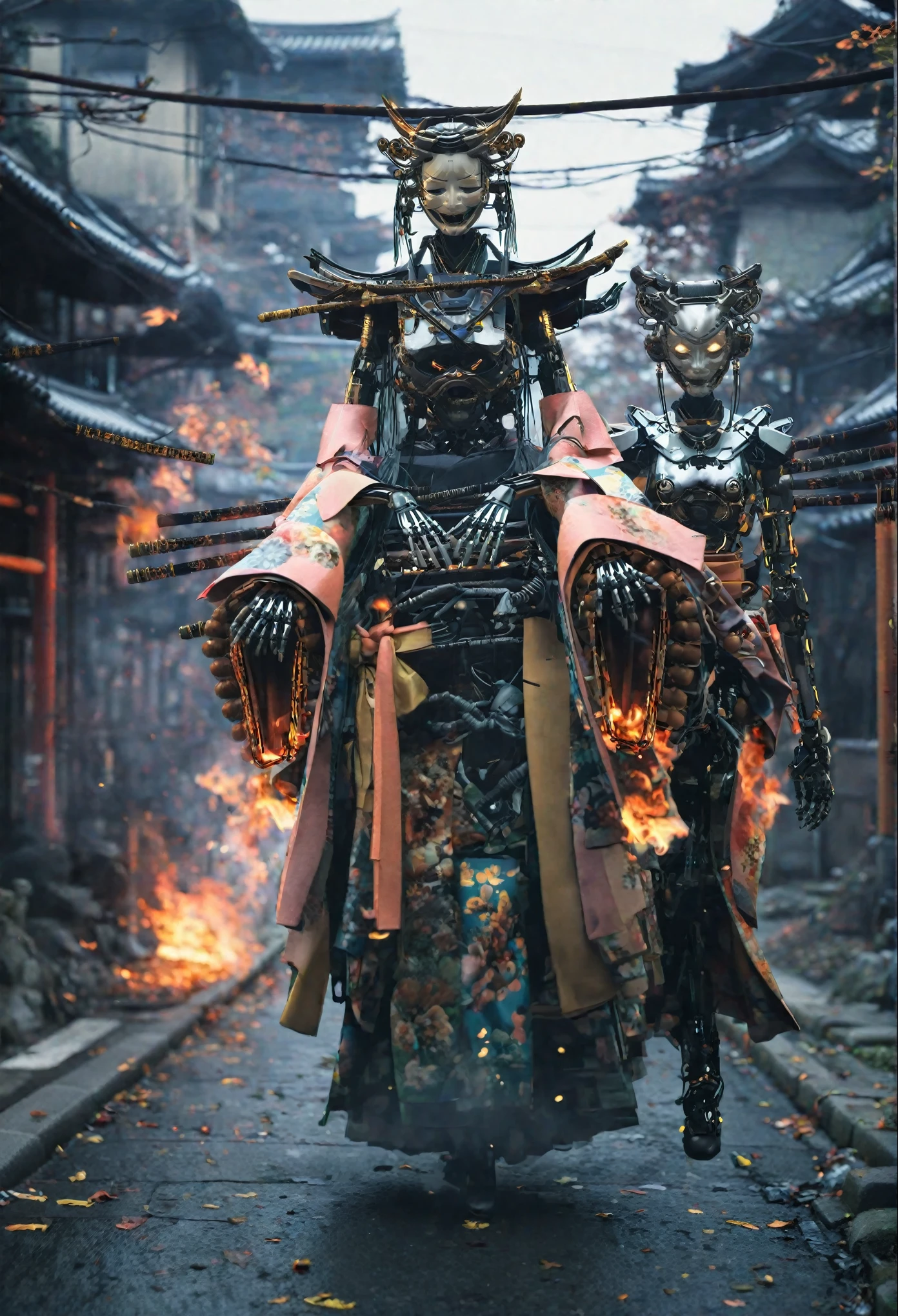 The surroundings are burning、fire、night、There are a lot of mechanical arms、Six arms、Creating an image of a female android in a beautiful kimono walking through the streets of Kyoto. The style is terrible, and the fusion of humans and Robots has a mysterious and creepy atmosphere amidst the beauty. In the background is an old Japanese cityscape. It has a long neck made of machines and wears a mask. Imagine a strange and eerie picture - Ar 9:16.
creepy atmosphere, fusion, Horror, Japanese cityscape, long neck, Robots, at 6