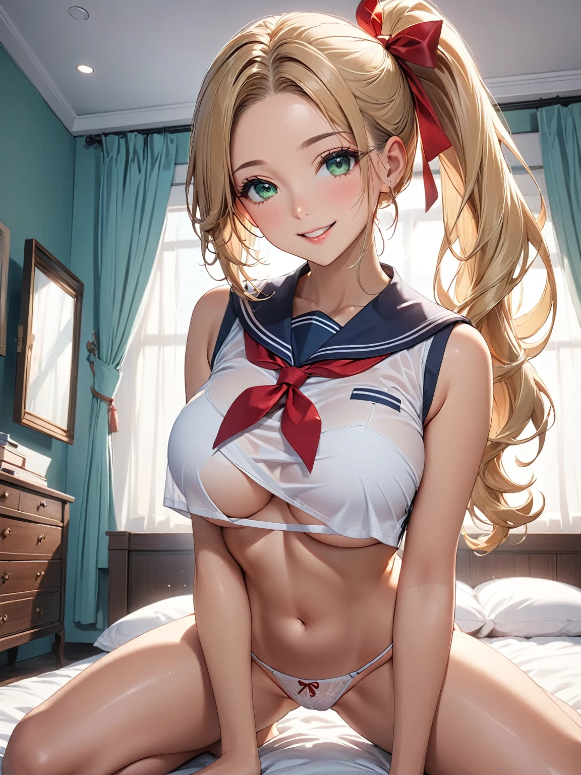 masterpiece, best quality, very aesthetic, anime, 1girl, JK, tareme, Long eyelashes, detailed green eyes, half opened mouth, smile, silky blonde hair, (hair pulled back:1.2), side ponytail, breasts:0.8, (underboob:1.3), Skin with attention to detail,  (spread legs, kneeling:), Captivating thighs, short torso, tiny lace thong:, no bra, sheer crop top white shirt, sleeveless, sailor uniform, (no skirt:1.5), red ribbon tie, bedroom, front view