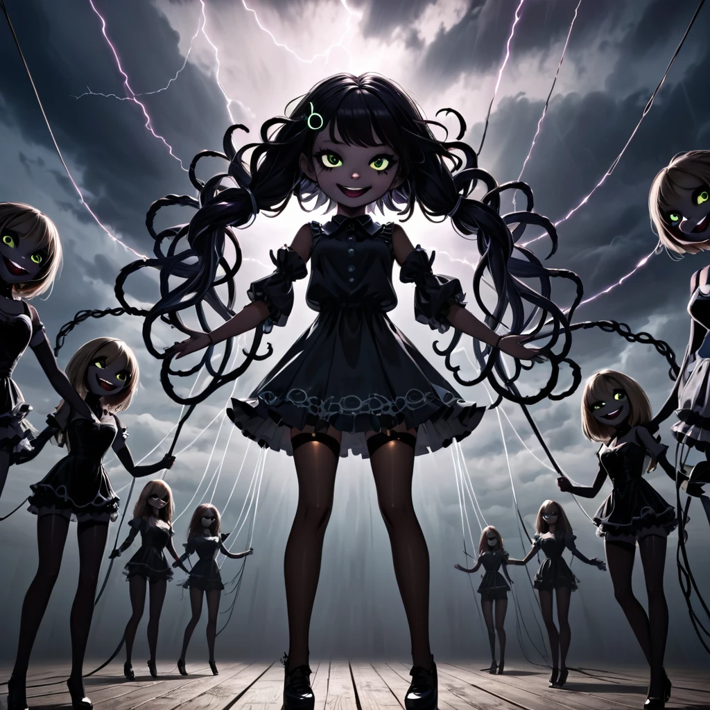 Beautiful doll girl with electric web from her head to stormy sky, static electricity in air, puppet on strings, multiple people, tall sinister smiling shadow people beside her, dark black tentacles holding her arms and legs, dark horror 