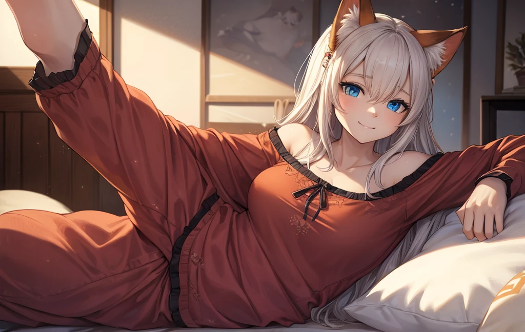 Masterpiece, best quality, girl, long white hair, in pajamas, shy expression, bedroom