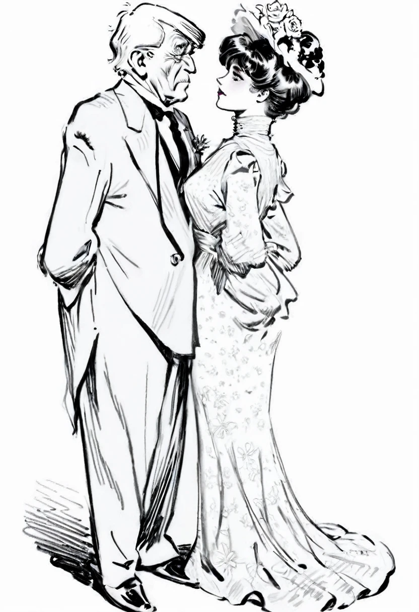 Sketch of a beautiful well-endowed **** Gibson Girl thot flirting with a visibly aroused 69yo man. Year 1903. 1900_dr3ss. Girl wearing an Edwardian high-collar long sleeve dress and flower-brimmed hat. Man wearing a three-piece business suit. Line art in the style of Charles Dana Gibson. Young girl and elderly man