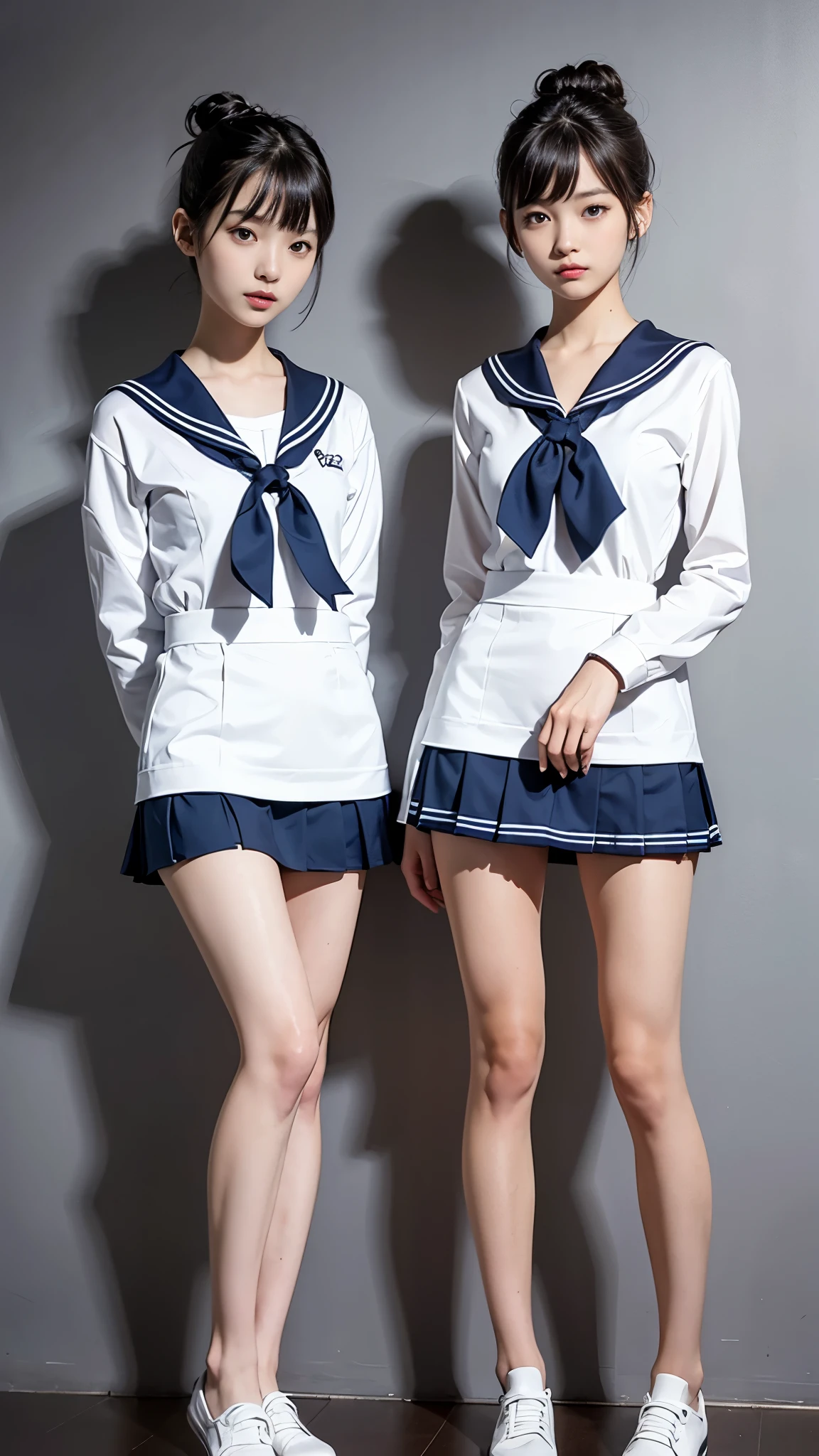 Two girls standing at a crowded bus stop,White sailor school swimsuit,Red Tie,Small school bag,18 years old,Bangs,a little smile,thigh,knees,crotch,short hair,ponytail,from below