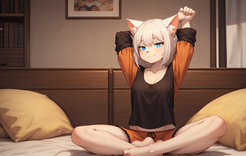 (Best Quality, high resolucion, Ultra-detailed:1.2), Cute fluffy loli, White long shirt, Raising the tail, White and yellow body, Orange Eyes, B Cup Breasts, collared, White fur, fluffy fur, Animal ears, Animal tails, natta, No bottom, No underwear, woods, adorable face, sex, sex with another anthro furry