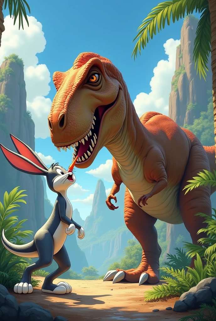 A cave woman (fur bikini) has her pet pink velociraptor on a leash and is taking it for a walk in the park. Many other cave people are there with their dino pets (various colors and types) (safe for work)