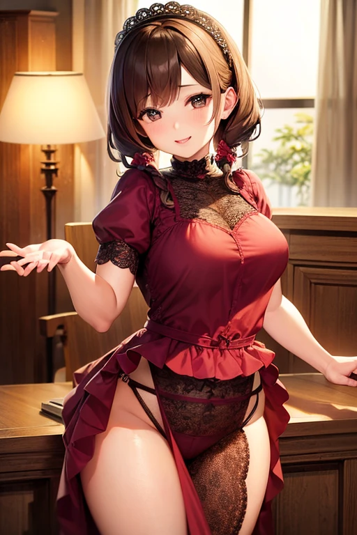 (Lavish frills and intricate embroidery)、8k、High resolution、Hyper Real、cute、Best Quality, masterpiece、3d, High Dynamic Range、Large Breasts, PBR Surface、Maximum clarity and sharpness、Perfect balance, 8K RAWファイル, Very detailed, Volumetric lighting, Soft lighting、Glowing Skin、Golden Ratio、Beautiful art、sexy、Very detailed, 超High resolution, Textured skin、movie、A kind smile、Maternal、Accentuate your plump buttocks、Rear view、panties、Blushing