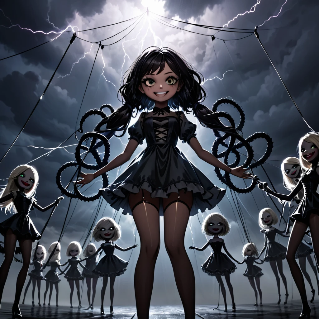 Beautiful doll girl with electric web from her head to stormy sky, static electricity in air, puppet on strings, multiple people, tall sinister smiling shadow people beside her, dark black tentacles holding her arms and legs, dark horror 