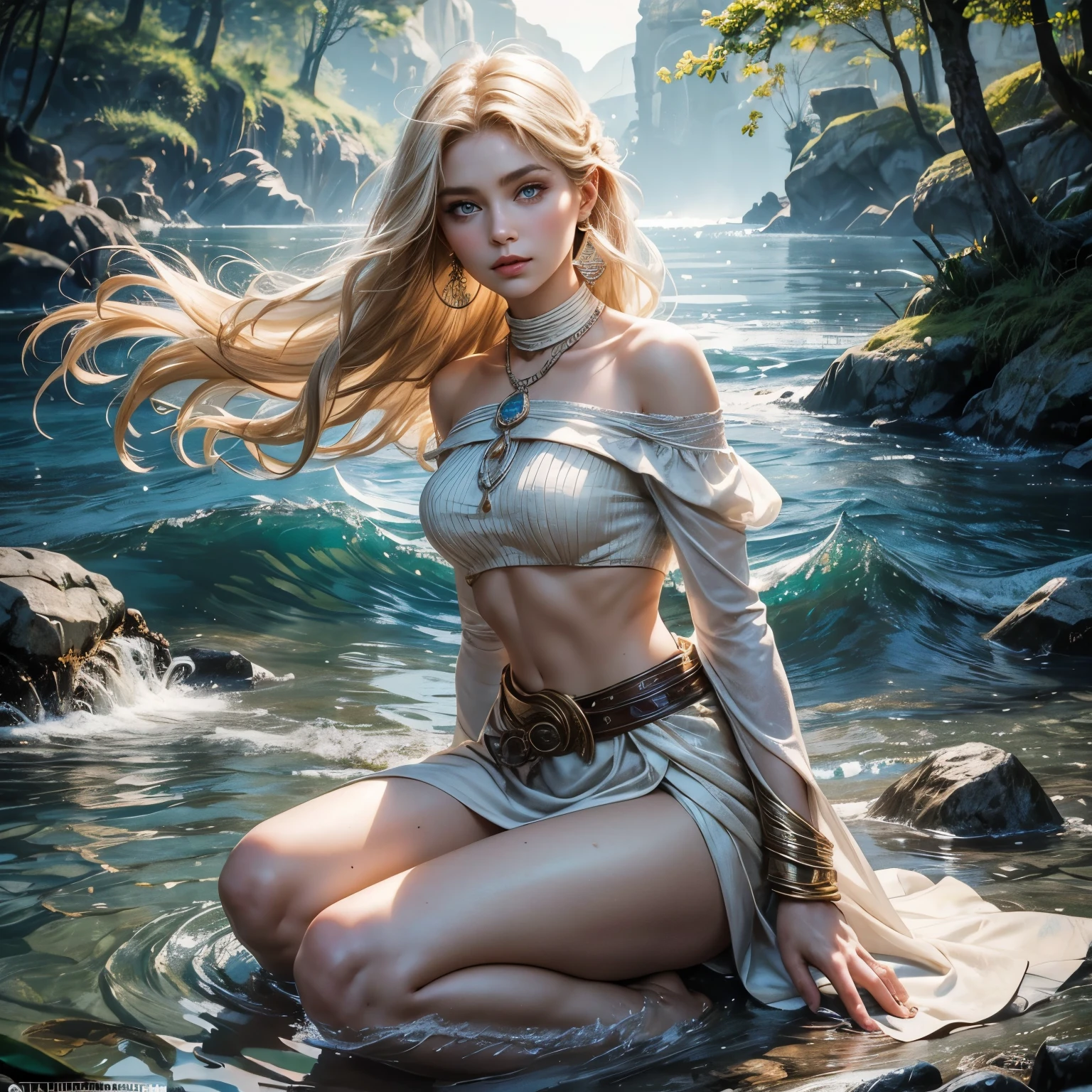 create a nude blonde and blue eyed girl, standing back, showing belly and crotch, to a waterfall in Austria, snowy mountain peaks