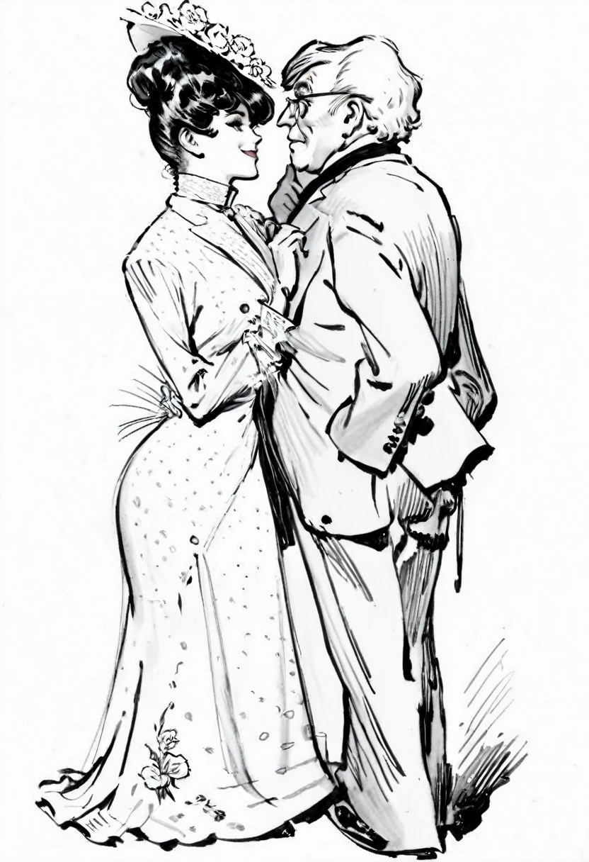 Sketch of a beautiful well-endowed 13yo Gibson Girl thot flirting with a visibly aroused 69yo man. Year 1903. 1900_dr3ss. Girl wearing an Edwardian high-collar long sleeve dress and flower-brimmed hat. Man wearing a three-piece business suit. Line art in the style of Charles Dana Gibson. Short young girl and large elderly man