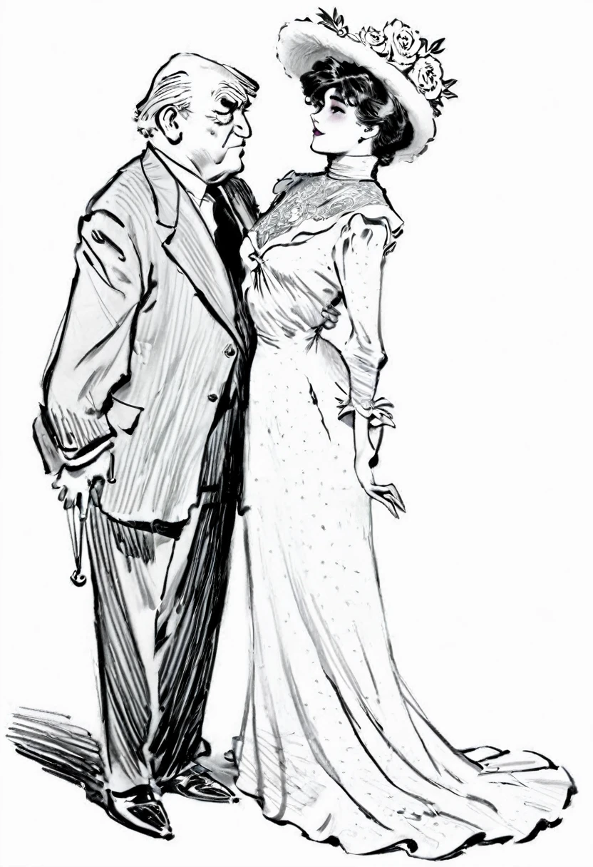 Sketch of a beautiful well-endowed **** Gibson Girl thot flirting with a visibly aroused 69yo man. Year 1903. 1900_dr3ss. Girl wearing an Edwardian high-collar long sleeve dress and flower-brimmed hat. Man wearing a three-piece business suit. Line art in the style of Charles Dana Gibson. Short young girl and large elderly man