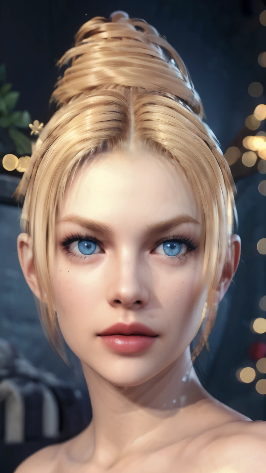 a beautiful detailed face of a blonde woman, detailed blue eyes, detailed lips, long eyelashes, detailed nose, intricate facial features, (best quality,4k,8k,highres,masterpiece:1.2),ultra-detailed,(realistic,photorealistic,photo-realistic:1.37),portrait,high quality digital art,cinematic lighting,soft warm colors,vibrant blue eyes olhando de gente para o espquidador 