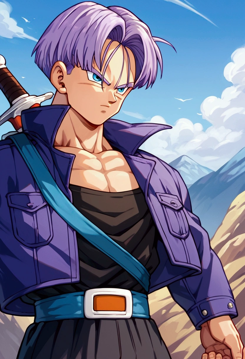 Trunks, purple jacket, black muscle shirt underneath, black pants, sword on the back, blue eyes, black pupil, purple hair, yellow shoes with black tips, mountain landscape, thin arms, thin jacket, focus face, detailed face, ultra detailed(Score_9,Score_8_up,Score_7_up), source_anime, best quality, masterpiece, anime, __prompt__,