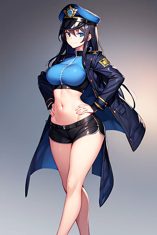 score_9,  score_8_up, score_7_up, kiryuuin satsuki, 1girl, solo, black hair, makeup, cyan eyeshadow, cyan lips, jewelry,  earrings, hair ornament, long sleeves, junketsu, epaulettes, sailor collar, bikini, cleavage, areola slip, midriff, choker, groves, wrist cuff, navel piercing, miniskirt, piercing, looking to the side, brown eyes, smile, sparkle, cowboy shot, open shirt, pleated skirt, fur, alternate costume, standing, gyaru, glasses, ear piercing, tattoo, fur-trimmed skirt, eyeshadow, parted lips