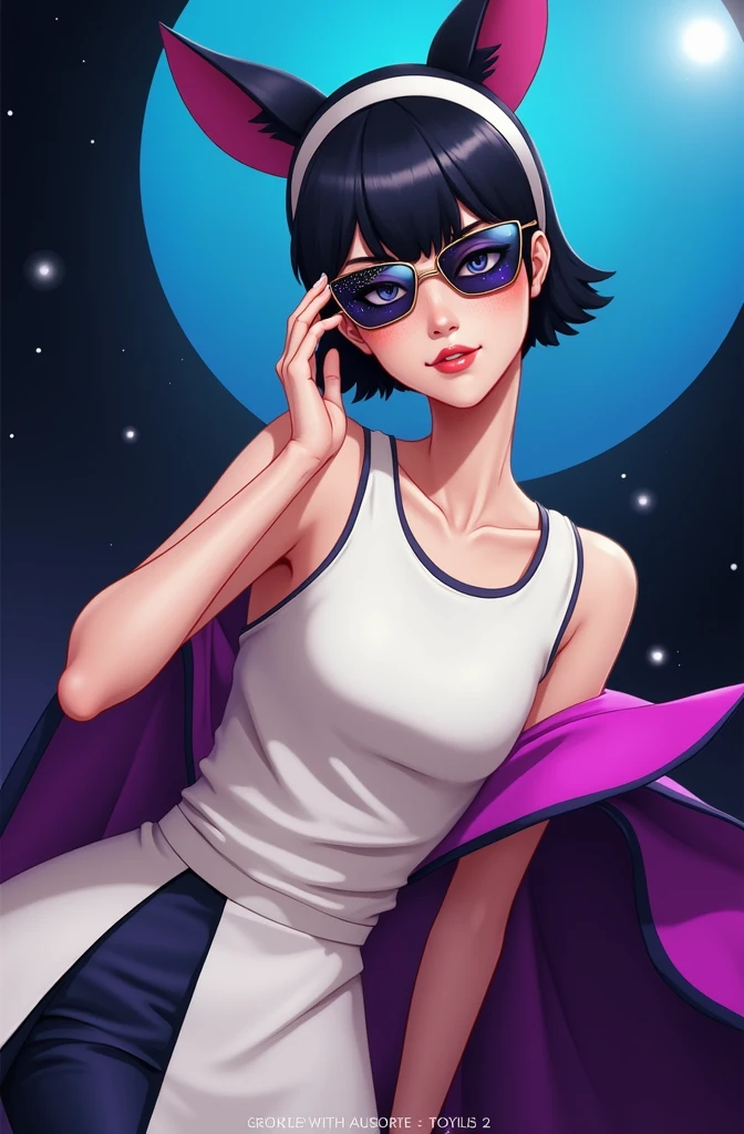 mature female, mature, Adult, Hymen, Hymen(Chainsaw Man), throw, One girl, Black Hair, short hair, Eye patch, alone, hypnotism, Brainwashed, blush, Telephone, heart, eyeのシンボル, evaluation_i doubt it, Mischievous face, rolling_eye, cross-eye, Pouting, Rod-shaped mouth, Sharp Mouth, Purple lips, Shake one's head, villain, chest, Viewer, From the side, night town, city, Skyscraper, night, dark, Purple latex bikini under a black cape, masterpiece, Best animation quality,Best image quality,