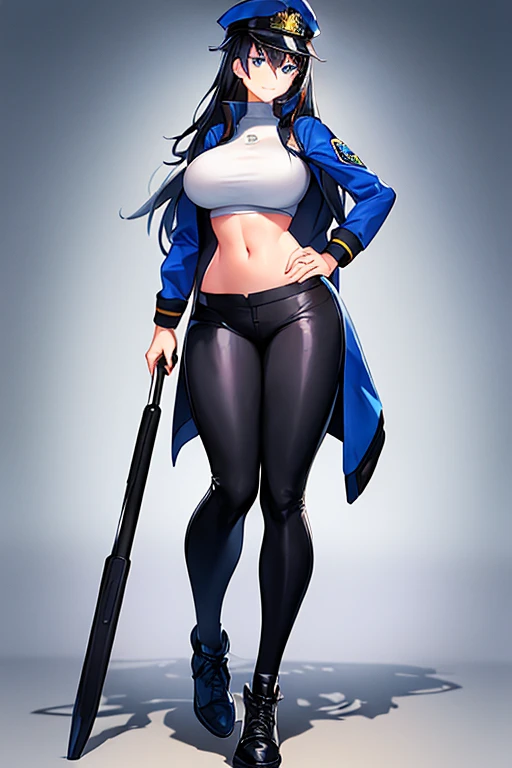 a cartoon character in a sexy suit posing on the street with a bush, police officer, police uniform, 1 girl, police woman, shirt, skirt, hat, tie, police cap, blue eyes, gloves, breasts, purple hair very dark, thighs, solo, navel, garter straps, looking at viewer, short sleeves, large breasts, underwear, miniskirt, midriff, ass visible through thighs, panties, outdoors, indentation, braid, hand in hand hip, belt, black skirt, uniform, collared shirt, frown, thigh highs, peaked cap, crop top, black panties, blue shirt, chest pocket, V-shaped eyebrows, Eiko Tsukimi, blue eyes, purple hair very dark baseball cap