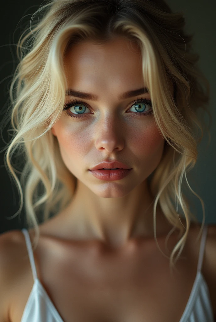 Laurence Arné, detailed face, blond, beautiful brown eyes, long eyelashes, elegant expression, delicate lips, detailed skin, natural lighting, high quality, 8k, photorealistic, intricate details, chiaroscuro lighting, dramatic lighting, cinematic composition, ethereal, dreamlike, french beauty