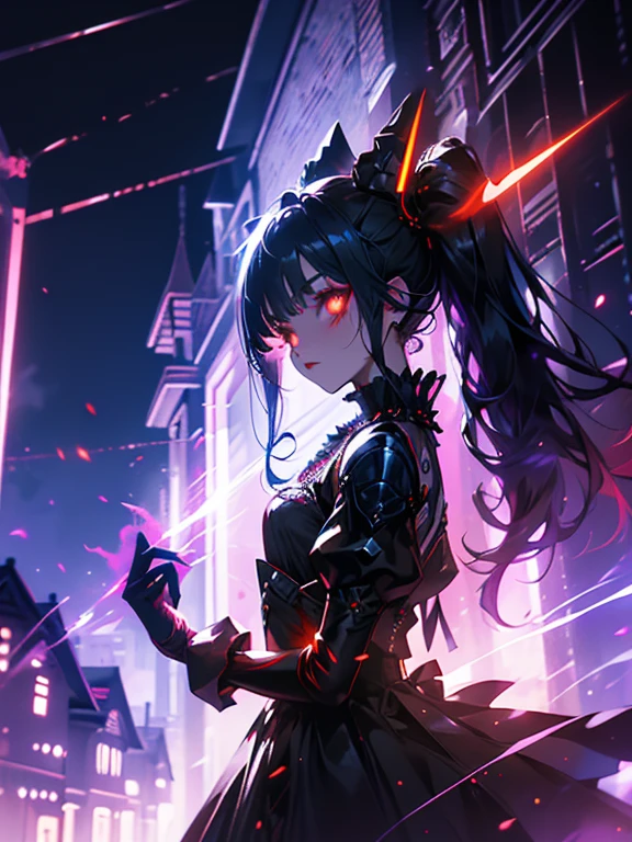 rory mercury, black hair, blunt bangs, hime cut, hair ornament, lipstick, long hair, makeup, (small chest:1.2), (red glowing eyes:1.5), black gloves, black thighhighs, garter straps, gloves, gothic, hair bow, gothic fashion, puffy short sleeves, puffy sleeves, short sleeves, thighhighs, walking((dark street, houses lining the street, fantasy, light from windows, masterpiece, high res, detailed)), ray tracing, Volumatic light, night, 1girl, solo, castle in the background, (eerie atmosphere)