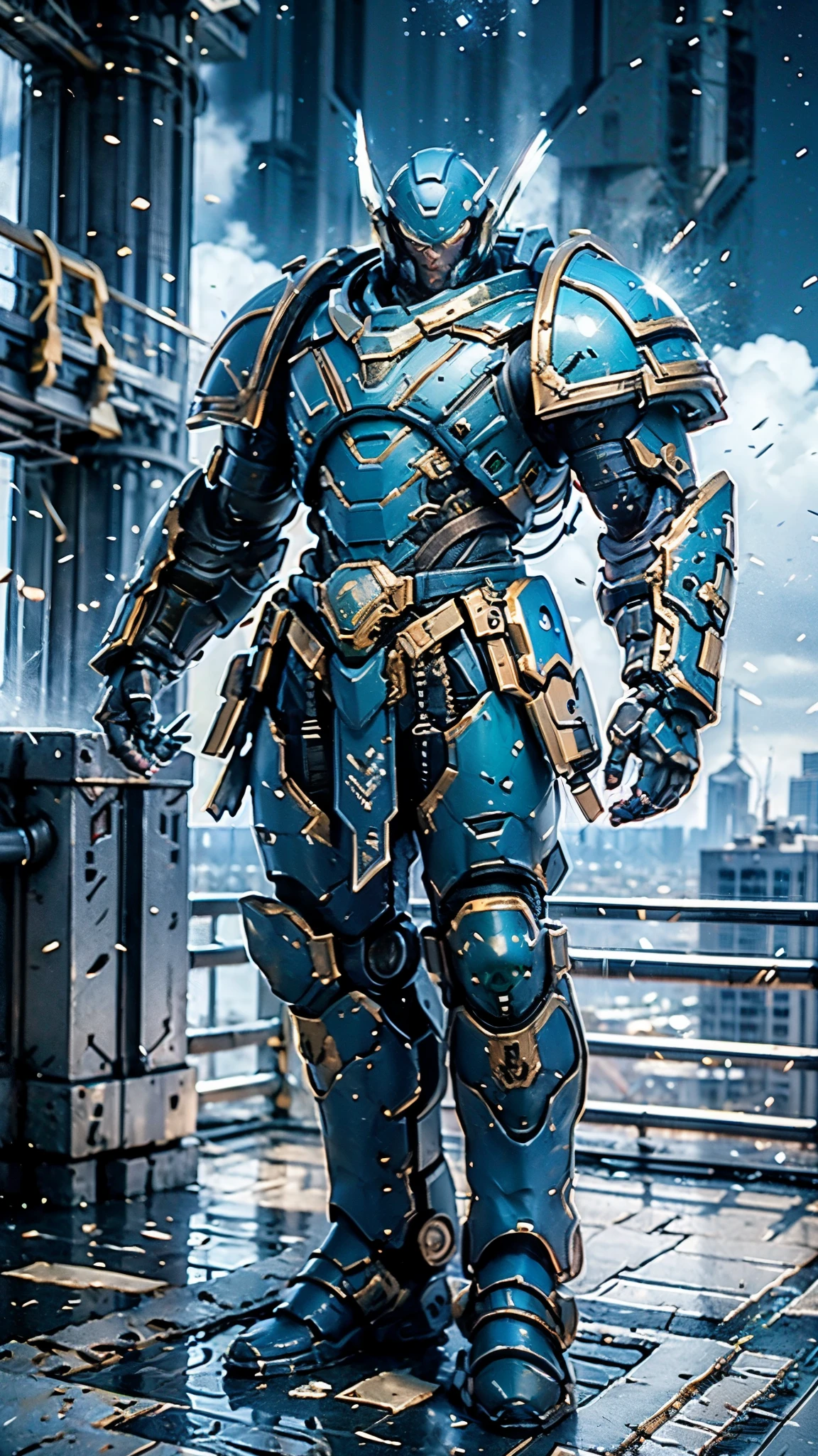 (masterpiece:1.5, best quality:1.5, extremely delicate:1.5), ((male:1.5)), a man wearing a full-face helmet, a biotech armored combat suit, green eyes, (a composite layered chest armor), fully enclosed shoulder guards, matching arm and leg guards, a belt of gemstone, (the color scheme is primarily Blue with White and Red accents), the design balances heavy with agility, a high-tech bio-mecha armor, (Armor Concept Inspired by Space Marines, stand of a futuristic sci-fi city), this character embodies a finely crafted Space Marines in anime style, exquisite and mature manga art style, (element, plasma, energy, the armor glows), metallic, high definition, highres, ultra-detailed, ultra-fine painting, professional, perfect body proportions, golden ratio, anatomically correct, symmetrical face, extremely detailed eyes and face, high quality eyes, creativity, RAW photo, UHD, 32k, Natural light, cinematic lighting, masterpiece-anatomy-perfect