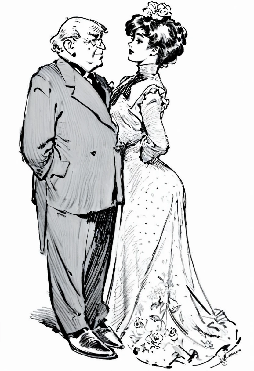 Sketch of a beautiful well-endowed **** Gibson Girl thot flirting with a visibly aroused 69yo man. Year 1903. 1900_dr3ss. Girl wearing an Edwardian high-collar long sleeve dress, boots and flower-brimmed hat. Man wearing a three-piece business suit. (((Line art in the style of Charles Dana Gibson))). Short young girl and large elderly man. ((Man one head taller than girl))