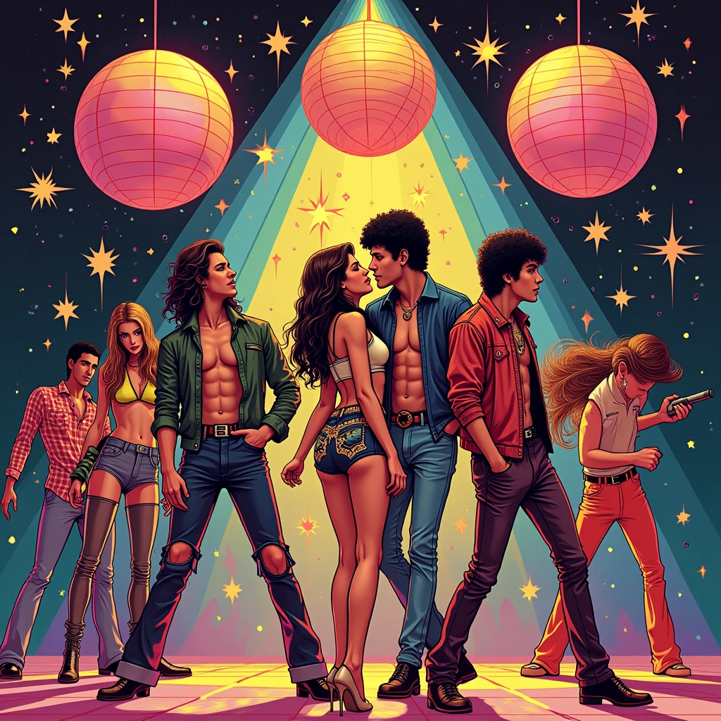 1980s \(style\) movie poster, skinny latin 18yo girl, titsqueeze, milky breasts, (two gay men with goofy grins:0.9), huge text, poster art