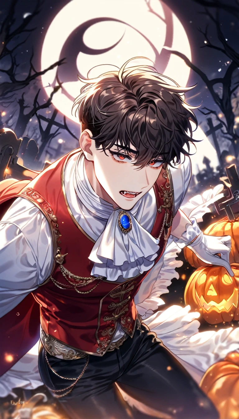 absurdres, highres, ultra detailed, HDR, master piece, best quality, detailed eyes, delicated features, Manhwa Style, Yae Jin, brown hair, messy hair, undercut hair, with bangs, expressive amber eyes, Love Jinx, solo, sexy man, handsome, sensual, adult face, vampire, fangs, black cape with red inside, white cravat, fancy clothes, red vest, accessories, white gloves, black pants, dark fantasy, magical, cemetery, blue crescent moon, night, pumpkins, dead trees