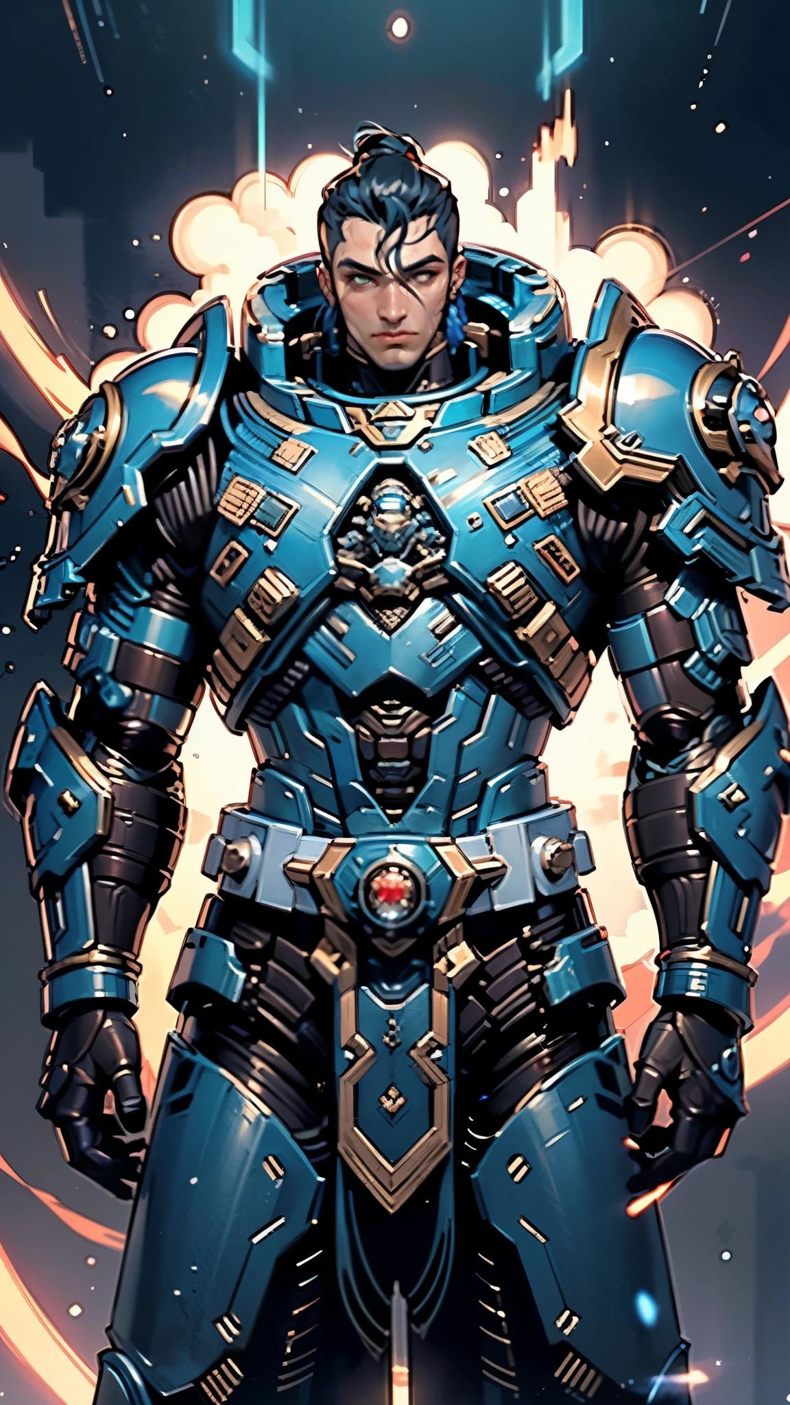 (masterpiece:1.5, best quality:1.5, extremely delicate:1.5), ((male:1.5)), a man wearing a full-face helmet, a biotech armored combat suit, green eyes, (a composite layered chest armor), fully enclosed shoulder guards, matching arm and leg guards, a belt of gemstone, (the color scheme is primarily Blue with White and Red accents), the design balances heavy with agility, a high-tech bio-mecha armor, (Armor Concept Inspired by Space Marines, stand of a futuristic sci-fi city), this character embodies a finely crafted Space Marines in anime style, exquisite and mature manga art style, (element, plasma, energy, the armor glows), metallic, high definition, highres, ultra-detailed, ultra-fine painting, professional, perfect body proportions, golden ratio, anatomically correct, symmetrical face, extremely detailed eyes and face, high quality eyes, creativity, RAW photo, UHD, 32k, Natural light, cinematic lighting, masterpiece-anatomy-perfect