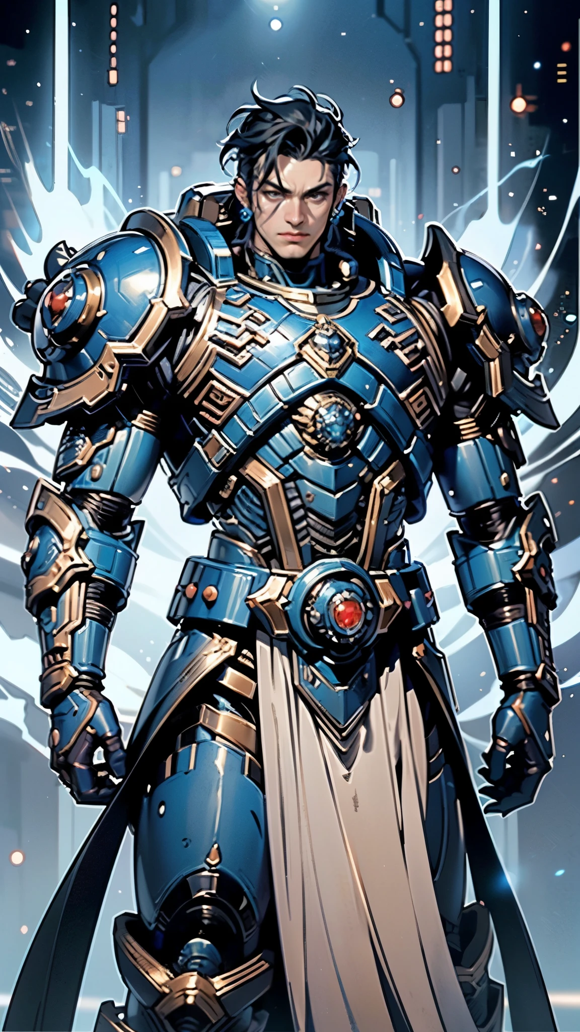 (masterpiece:1.5, best quality:1.5, extremely delicate:1.5), ((male:1.5)), a man wearing a full-face helmet, a biotech armored combat suit, green eyes, (a composite layered chest armor), fully enclosed shoulder guards, matching arm and leg guards, a belt of gemstone, (the color scheme is primarily Blue with White and Red accents), the design balances heavy with agility, a high-tech bio-mecha armor, (Armor Concept Inspired by Space Marines, stand of a futuristic sci-fi city), this character embodies a finely crafted Space Marines in anime style, exquisite and mature manga art style, (element, plasma, energy, the armor glows), metallic, high definition, highres, ultra-detailed, ultra-fine painting, professional, perfect body proportions, golden ratio, anatomically correct, symmetrical face, extremely detailed eyes and face, high quality eyes, creativity, RAW photo, UHD, 32k, Natural light, cinematic lighting, masterpiece-anatomy-perfect