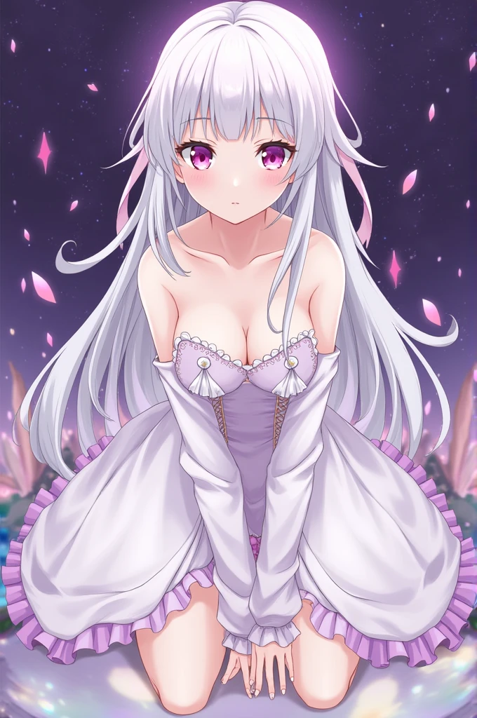 mejor calidad, highres, ultra detailed, Emilia, nightgown_outfit, grey_hair, upper_body, lower_body, very_long_hair, medium_breasts, (leaning_forward:1.5), dowblouse, purple_nightgown, anime, blush, 1girl, milf, elf, bedroom, white_hair, amethyst_eyes, shy