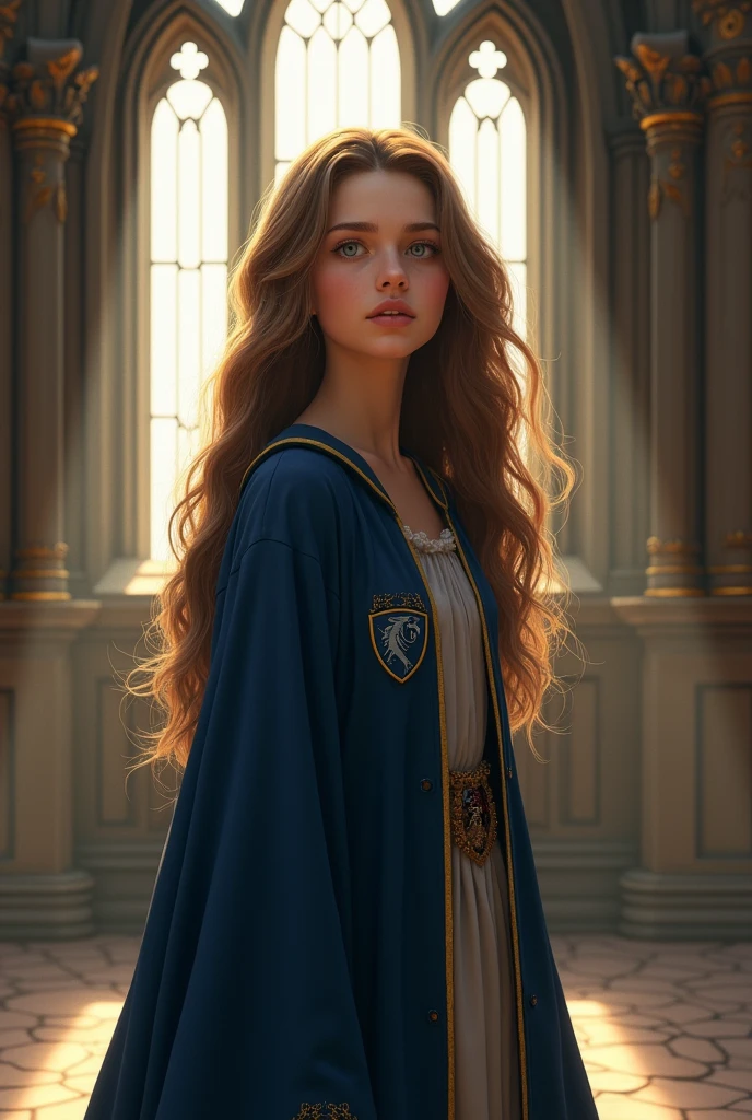 (best quality, masterpiece), 1girl, curly hair, hermione granger, freckles, bangs, harry potter \(series\), cape, looking at viewer,