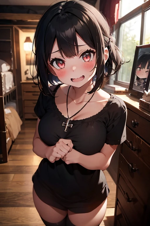 1 girl, breasts, blush, looking at the spectator, short hair, fringe, black hair, adorable hairstyle,blush, language, Teeth, Vampire Fangs, ashamed, blush de orejas, Yandere, language larga, Half closed eye, Tears of happiness, Heart shaped eyes, tired out, adorable dark circles, adorable and messy girly teen room, dark room, gothic room, black oversize metal band shirt, cross necklace, brown skin, Teeth