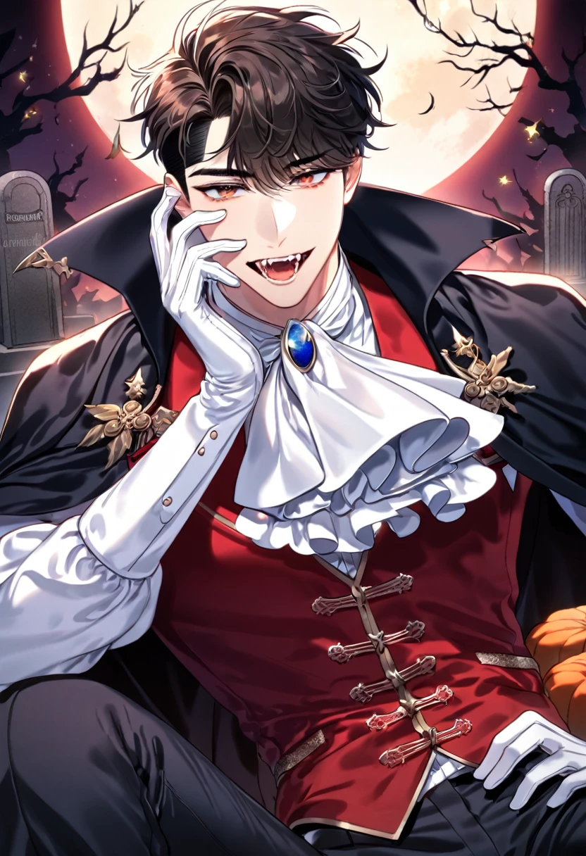 absurdres, highres, ultra detailed, HDR, master piece, best quality, detailed eyes, delicated features, Manhwa Style, Yae Jin, brown hair, messy hair, undercut hair, with bangs, expressive amber eyes, Love Jinx, solo, sexy man, handsome, sensual, adult face, vampire, fangs, black cape with red inside, white cravat, fancy clothes, red vest, accessories, white gloves, black pants, sitting, dark fantasy, magical, cemetery, blue crescent moon, night, pumpkins, dead trees