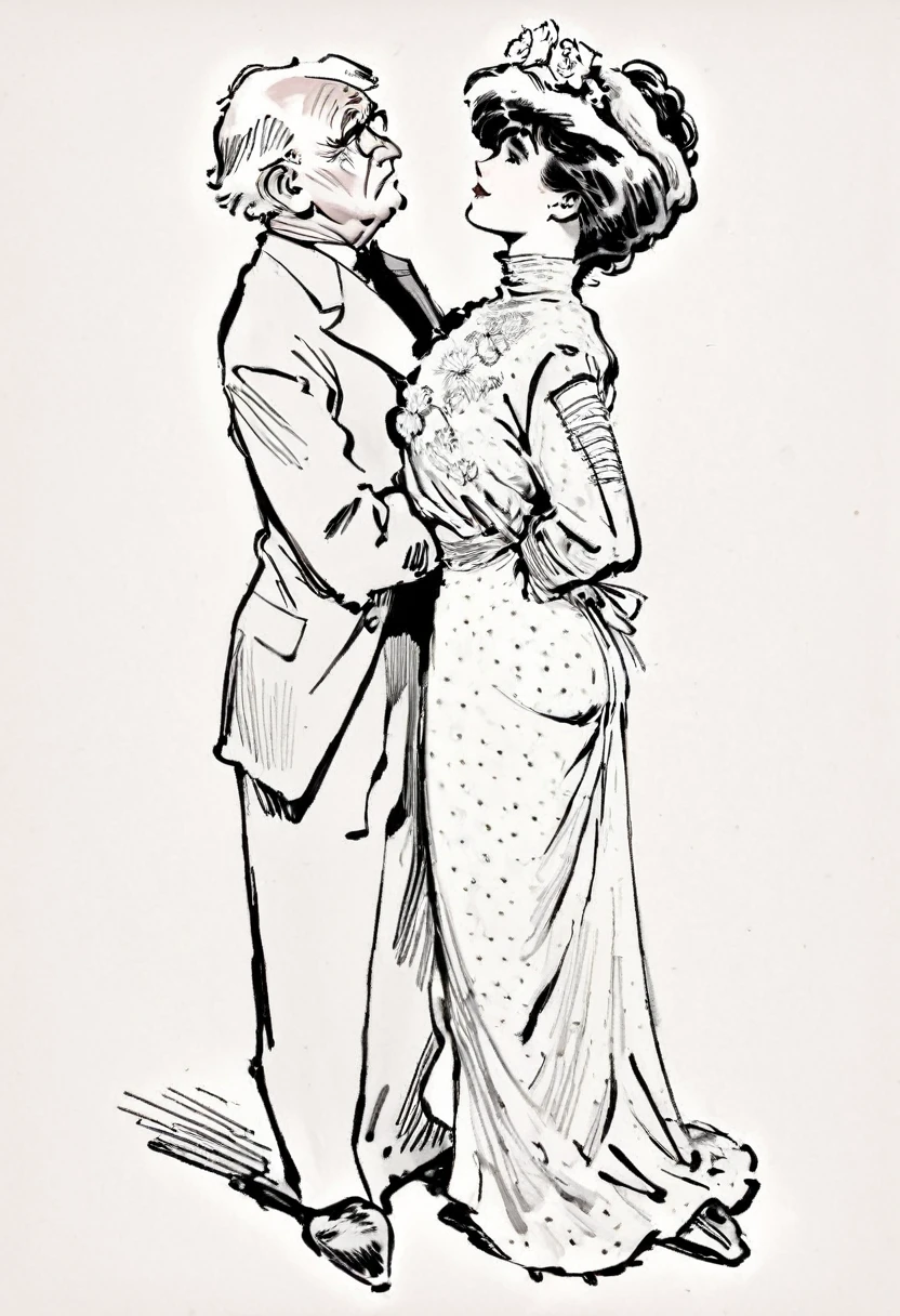 Sketch of a beautiful well-endowed **** Gibson Girl thot flirting with a visibly aroused 69yo man. Year 1903. 1900_dr3ss. Girl wearing an Edwardian high-collar long sleeve dress, boots and flower-brimmed hat. Man wearing a three-piece business suit. (((Line art in the style of Charles Dana Gibson))). Short young girl and large elderly man. ((Man one head taller than girl))