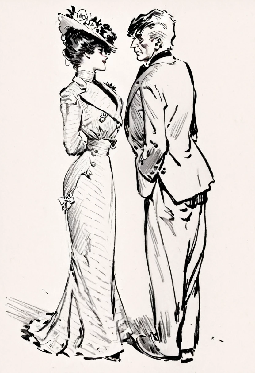 Sketch of a beautiful well-endowed 13yo Gibson Girl thot flirting with a visibly aroused 69yo man. Year 1903. 1900_dr3ss. Girl wearing an Edwardian high-collar long sleeve dress, boots and flower-brimmed hat. Man wearing a three-piece business suit. (((Line art in the style of Charles Dana Gibson))). Short young girl and large elderly man. ((Man one head taller than girl))