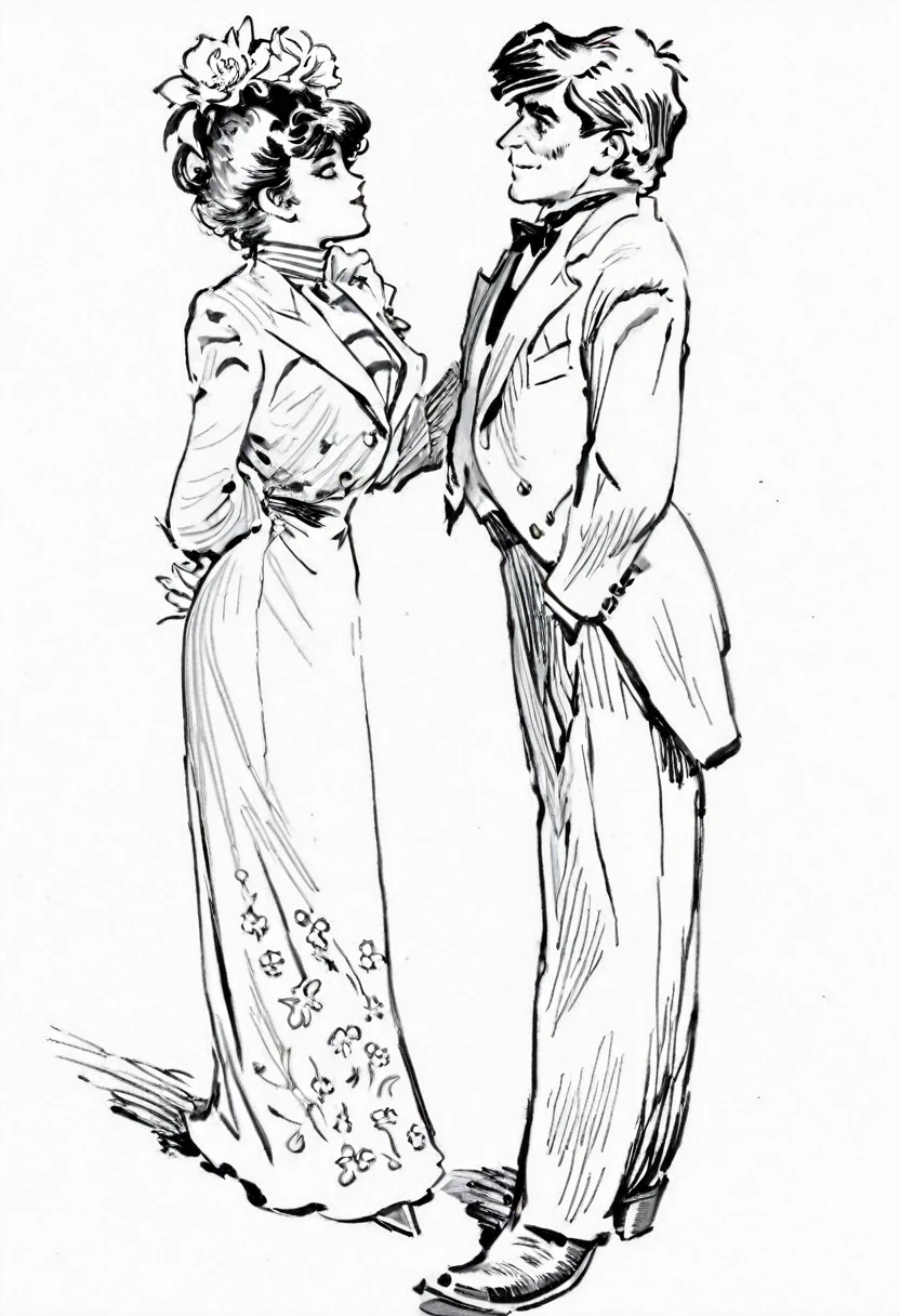 Sketch of a beautiful well-endowed **** Gibson Girl thot flirting with a visibly aroused 69yo man. Year 1903. 1900_dr3ss. Girl wearing an Edwardian high-collar long sleeve dress, boots and flower-brimmed hat. Man wearing a three-piece business suit. (((Line art in the style of Charles Dana Gibson))). Short young girl and large elderly man. ((Man one head taller than girl))