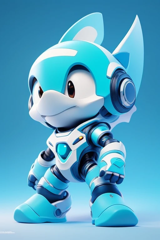 Design the "SeaArt Mascot Robot," a vibrant and friendly 3D character with an artistic flair, inspired by the sleek and dynamic style of Sonic. The robot should have an oceanic theme, incorporating elements like seashell armor, coral-like accents, and metallic surfaces reminiscent of underwater machinery. Its body should be streamlined and agile, with features inspired by marine creatures (e.g., fins, tentacles, or sleek curves) but presented in a futuristic, robotic style.

The mascot should have an inviting expression with LED-like eyes that can change color to reflect different emotions. Its pose should be dynamic and playful, as if ready to spring into action. To emphasize its artistic nature, integrate features like built-in paintbrush tools for hands or vibrant, glowing patterns on its body that resemble splashes of paint.

The color palette should combine oceanic hues like deep blues, teals, and silvers with pops of vibrant colors to represent artistic inspiration. The design must be captivating and versatile, suitable for branding, digital content, and merchandise. The mascot should convey a sense of fun, creativity, and futuristic energy.