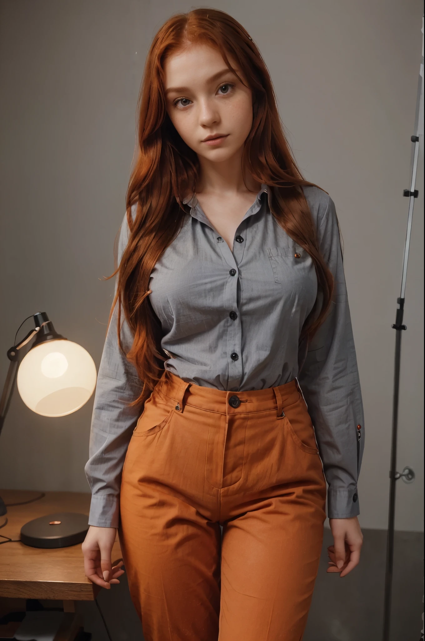 girl 20 years old, with long red wavy hair,girl 20 years old, with long red wavy hair, eye detailing, рубашка in tight, posing in a dark studio, wearing a button down shirt and pants, intricate details, goosebumps, flawless face, shy, Modest, (light freckles:0.9), ((photorealistic):1.2), orange shirt with sleeves, with large breasts size 4, dark photo studio, gray shirt, button down shirt, like in the movie, in tight
