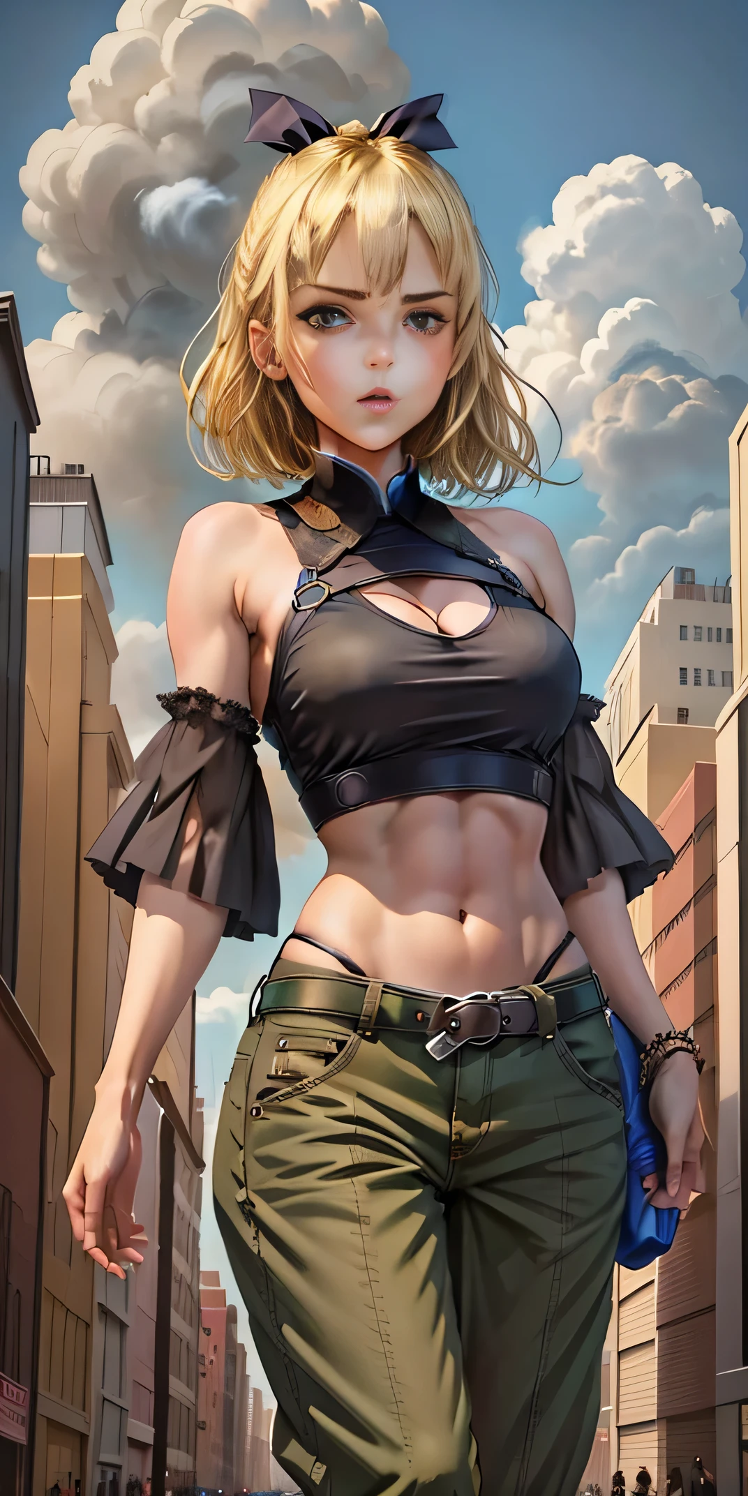 "A tall giant with a cool, relaxed hippie look in a crop top and baggy pants.. Her toned physique suggests her great strength.. She appears to be taking a leisurely stroll through the bustling streets of GTS City., Towering buildings overhead. Smoke and clouds swirling around her, Enhance the grand scale and drama. The lighting is dark, dark, Realistic, Create a tense and ominous atmosphere. (((Perspective from the bottom))), Emphasizing the majesty and power of giants.",Short blonde hair、（Black Hair Ribbon：0.4）、Green Eyes、((masterpiece)),(((Highest quality))), ((Super detailed)),Nanase Nanami,