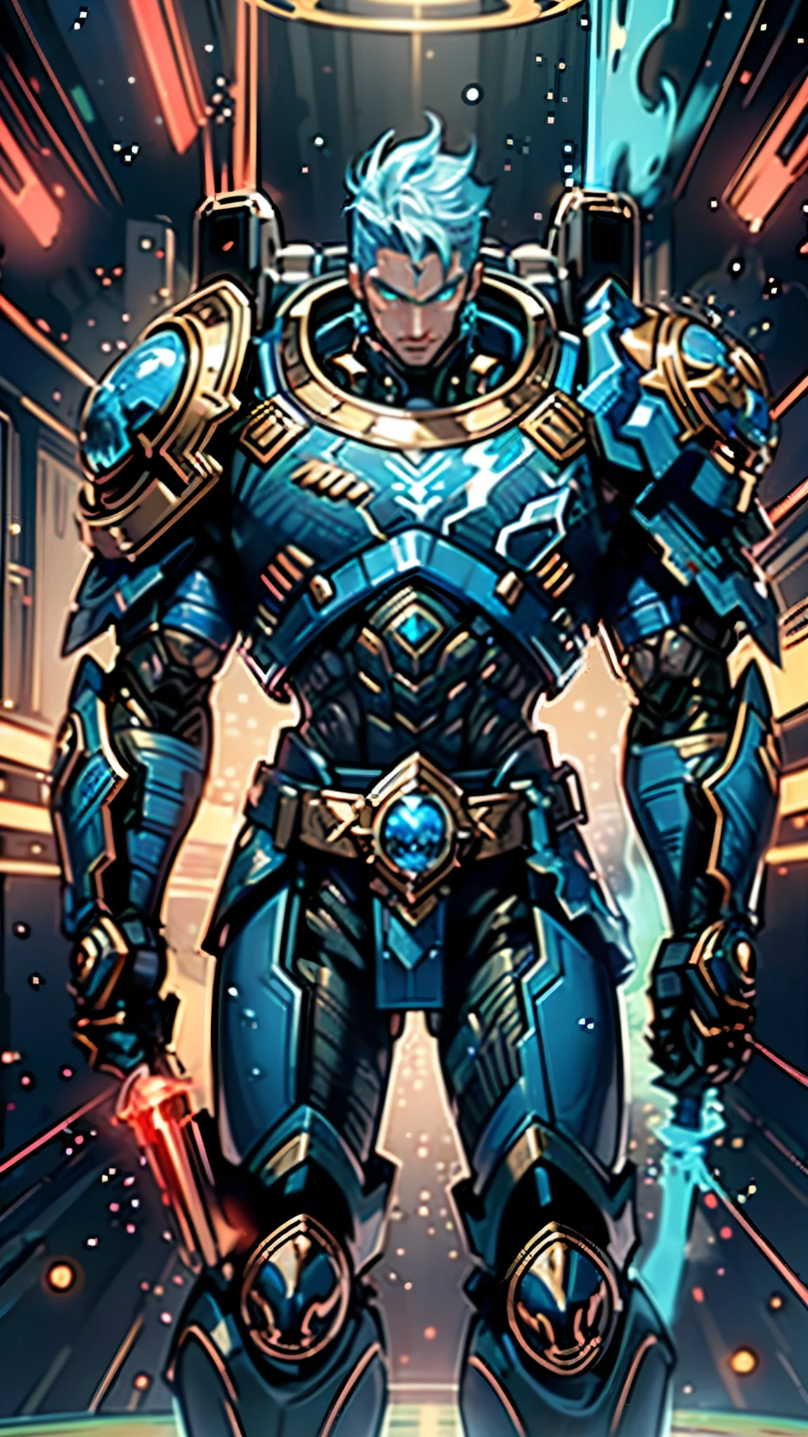 (masterpiece:1.5, best quality:1.5, extremely delicate:1.5), ((male:1.5)), a man wearing a full-face helmet, a biotech armored combat suit, green eyes, (a composite layered chest armor), fully enclosed shoulder guards, matching arm and leg guards, a belt of gemstone, (the color scheme is primarily Blue with White and Red accents), the design balances heavy with agility, a high-tech bio-mecha armor, (Armor Concept Inspired by Space Marines, stand of a futuristic sci-fi city), this character embodies a finely crafted Space Marines in anime style, exquisite and mature manga art style, (element, plasma, energy, the armor glows), metallic, high definition, highres, ultra-detailed, ultra-fine painting, professional, perfect body proportions, golden ratio, anatomically correct, symmetrical face, extremely detailed eyes and face, high quality eyes, creativity, RAW photo, UHD, 32k, Natural light, cinematic lighting, masterpiece-anatomy-perfect