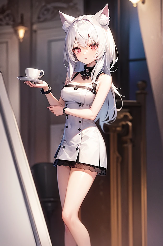 ((((masterpiece, best quality, high resolution)))), 1girl, white hair, red eyes, short wavy hair, average breasts, blush, light smile, parted lips, glow, thighs, bare shoulders, collarbone, narrow waist, cleavage, (beautiful detailed face, beautiful detailed eyes), long slender thighs, perfect eyes, (cat ears, maid outfit, maid apron)