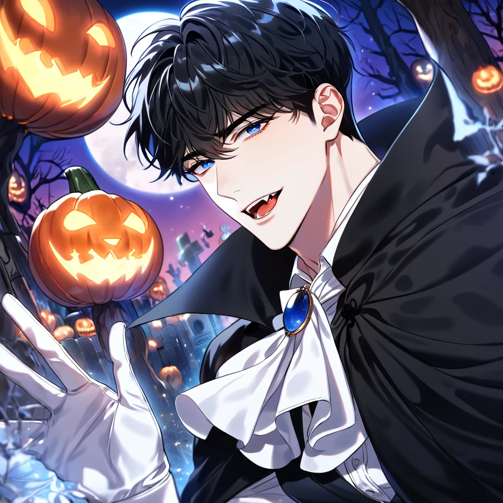 absurdres, highres, ultra detailed, HDR, master piece, best quality, detailed eyes, delicated features, Manhwa Style, Kang Woojin, black hair, expressive dark blue eyes, Love Jinx, solo, sexy man, handsome, sensual, adult face, vampire, fangs, black cape with red inside, white cravat, fancy clothes, black vest, accessories, white gloves, dark fantasy, magical, cemetery, blue crescent moon, night, pumpkins, dead trees