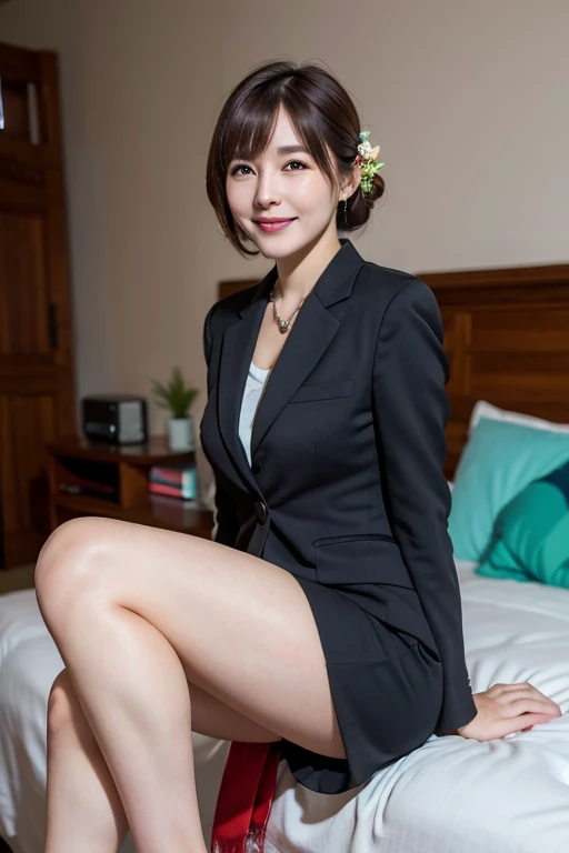 Mature woman, business suit, cotton tight skirt, beautiful skin-colored knees, updo, smile, bangs, sitting on bed, legs spread to the left and right, sexy, 8K high resolution, high quality photo,